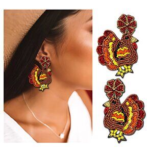 Thanksgiving Tom Turkey Sparkle Beaded Holiday Earrings